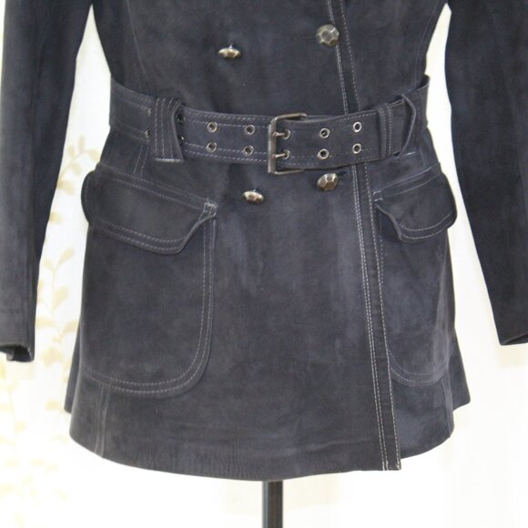 Vintage 1960s Mod Aleksander Norway Blue Lamb Leather Belted Jacket Women's S - Picture 3 of 16
